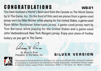 2011-12 In The Game Canada vs. The World - World's Best Silver #WB-01 Mike Richter / Ryan Miller / Tom Barrasso / John Vanbiesbrouck Back