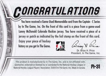 2011-12 In The Game Captain-C - Jerseys Silver #M-31 Lanny McDonald Back