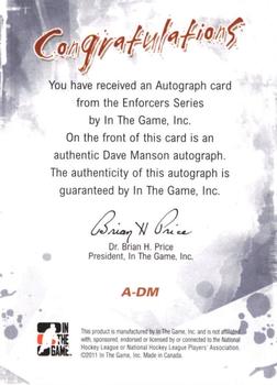 2011-12 In The Game Enforcers - Autographs #A-DM Dave Manson Back