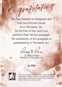 2011-12 In The Game Enforcers - Autographs #A-PW Peter Worrell Back