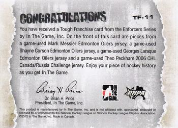 2011-12 In The Game Enforcers - Tough Franchise Jersey Quads #TF-11 Mark Messier / Shayne Corson / Georges Laraque / Theo Peckham Back