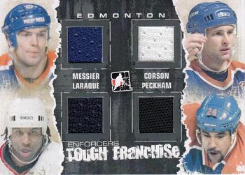 2011-12 In The Game Enforcers - Tough Franchise Jersey Quads #TF-11 Mark Messier / Shayne Corson / Georges Laraque / Theo Peckham Front