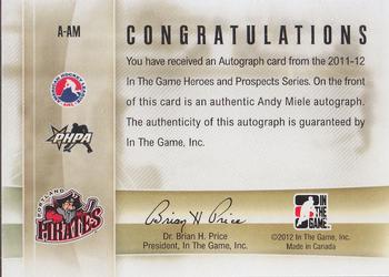 2011-12 In The Game Heroes and Prospects - Autographs #A-AM Andy Miele Back