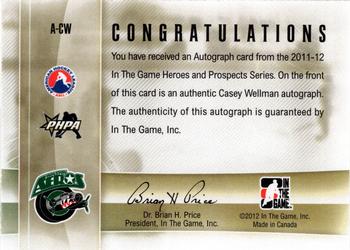 2011-12 In The Game Heroes and Prospects - Autographs #A-CW Casey Wellman Back