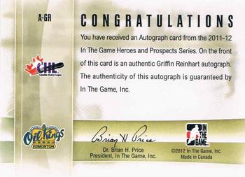 2011-12 In The Game Heroes and Prospects - Autographs #A-GR Griffin Reinhart Back