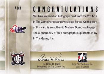2011-12 In The Game Heroes and Prospects - Autographs #A-MD Mathew Dumba Back