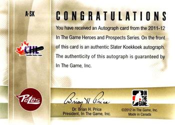 2011-12 In The Game Heroes and Prospects - Autographs #A-SK Slater Koekkoek Back