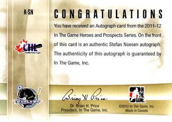 2011-12 In The Game Heroes and Prospects - Autographs #A-SN Stefan Noesen Back