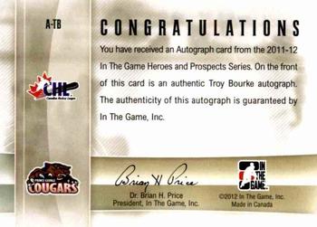 2011-12 In The Game Heroes and Prospects - Autographs #A-TB Troy Bourke Back