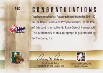 2011-12 In The Game Heroes and Prospects - Autographs #A-LC Luca Ciampini Back