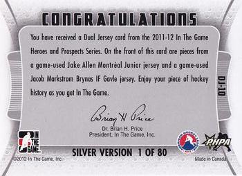 2011-12 In The Game Heroes and Prospects - Dual Jerseys Silver #DJ-10 Jake Allen / Jacob Markstrom Back