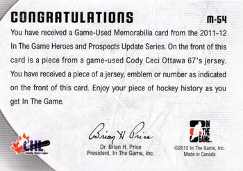 2011-12 In The Game Heroes and Prospects - Game-Used Jerseys Black #M-54 Cody Ceci Back