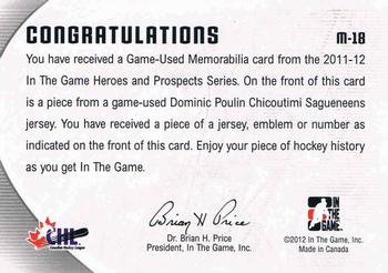 2011-12 In The Game Heroes and Prospects - Game-Used Jerseys Black #M-18 Dominic Poulin Back