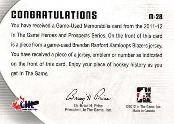 2011-12 In The Game Heroes and Prospects - Game-Used Jerseys Gold #M-28 Brendan Ranford Back