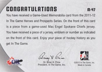 2011-12 In The Game Heroes and Prospects - Game-Used Numbers Silver #M-47 Mac Engel Back