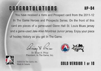2011-12 In The Game Heroes and Prospects - Hero and Prospect Jerseys Gold #HP-04 Glenn Hall / Jake Allen Back