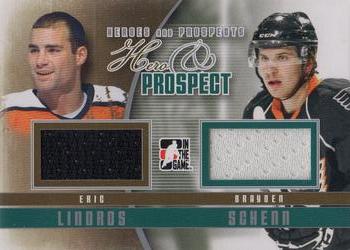 2011-12 In The Game Heroes and Prospects - Hero and Prospect Jerseys Silver #HP-06 Eric Lindros / Brayden Schenn Front