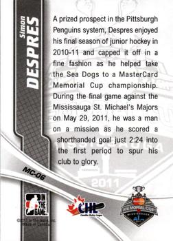 2011-12 In The Game Heroes and Prospects - Memorial Cup Champions #MC-06 Simon Despres Back