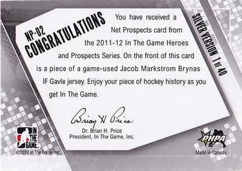 2011-12 In The Game Heroes and Prospects - Net Prospects Jerseys Silver #NP-02 Jacob Markstrom Back