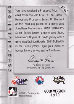 2011-12 In The Game Heroes and Prospects - Prospect Trios Jerseys Gold #PT-07 Jonathan Huberdeau / Jacob Markstrom / Quinton Howden Back
