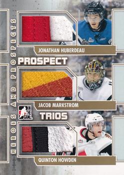 2011-12 In The Game Heroes and Prospects - Prospect Trios Jerseys Gold #PT-07 Jonathan Huberdeau / Jacob Markstrom / Quinton Howden Front