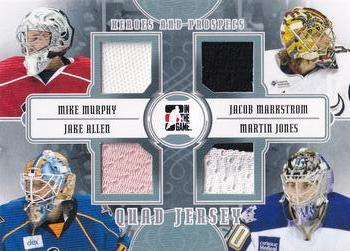 2011-12 In The Game Heroes and Prospects - Quad Jerseys Silver #QJ-02 Mike Murphy / Jacob Markstrom / Jake Allen / Martin Jones Front