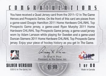 2011-12 In The Game Heroes and Prospects - Quad Jerseys Silver #QJ-08 Dougie Hamilton / Ryan Murphy / Adam Larsson / Duncan Siemens Back