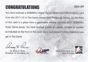 2011-12 In The Game Heroes and Prospects - Subway Series Jerseys Black #SSM-09 Freddie Hamilton Back