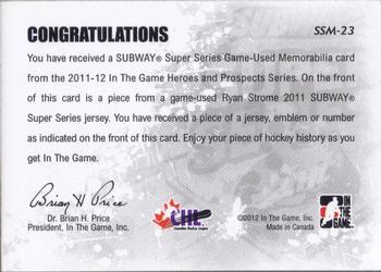 2011-12 In The Game Heroes and Prospects - Subway Series Jerseys Silver #SSM-23 Ryan Strome Back