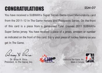 2011-12 In The Game Heroes and Prospects - Subway Series Numbers Black #SSM-07 Tyler Graovac Back