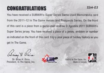 2011-12 In The Game Heroes and Prospects - Subway Series Numbers Silver #SSM-03 Andrew D'Agostini Back