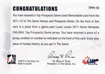 2011-12 In The Game Heroes and Prospects - Top Prospects Jerseys Black #TPM-10 Lucas Lessio Back