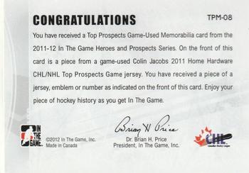 2011-12 In The Game Heroes and Prospects - Top Prospects Jerseys Silver #TPM-08 Colin Jacobs Back