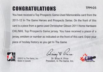 2011-12 In The Game Heroes and Prospects - Top Prospects Numbers Black #TPM-05 Christopher Gibson Back
