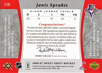 2006-07 Upper Deck Sweet Shot - Sweet Beginnings Jersey Autographs #126 Janis Sprukts Back