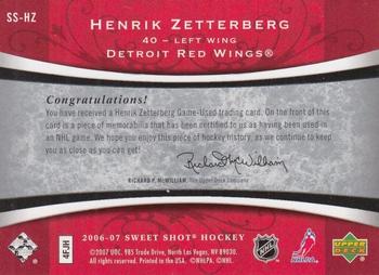 2006-07 Upper Deck Sweet Shot - Sweet Stitches #SS-HZ Henrik Zetterberg Back