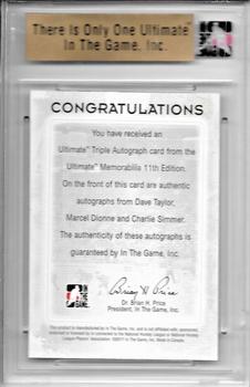 2011-12 In The Game Ultimate Memorabilia - Triple Autographs #3 Dave Taylor / Marcel Dionne / Charlie Simmer Back