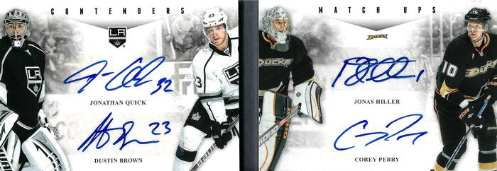 2011-12 Panini Contenders - Match Ups Booklet Autographs #8 Jonathan Quick / Dustin Brown / Jonas Hiller / Corey Perry Front