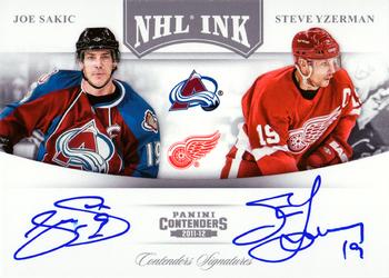 2011-12 Panini Contenders - NHL Ink Duals #2 Joe Sakic / Steve Yzerman Front