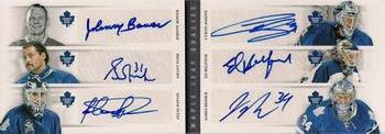 2011-12 Panini Contenders - Original Six Booklet Autographs #6 Johnny Bower / Grant Fuhr / Felix Potvin / Curtis Joseph / Ed Belfour / James Reimer Front