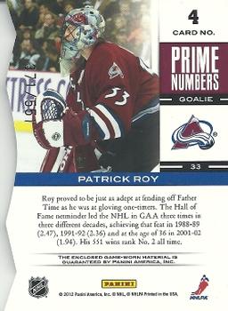 2011-12 Panini Elite - Prime Number Jerseys #4 Patrick Roy Back