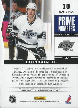 2011-12 Panini Elite - Prime Number Jerseys #10 Luc Robitaille Back