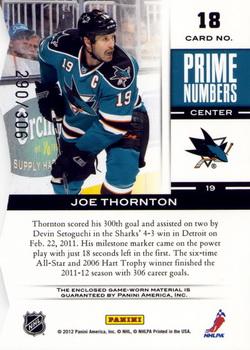 2011-12 Panini Elite - Prime Number Jerseys #18 Joe Thornton Back