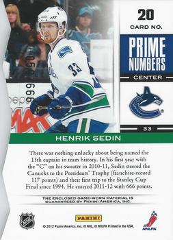 2011-12 Panini Elite - Prime Number Jerseys #20 Henrik Sedin Back