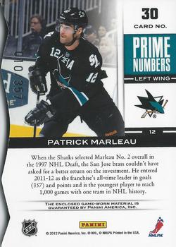 2011-12 Panini Elite - Prime Number Jerseys #30 Patrick Marleau Back