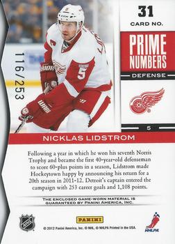 2011-12 Panini Elite - Prime Number Jerseys #31 Nicklas Lidstrom Back