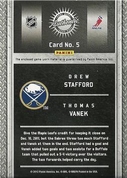 2011-12 Panini Titanium - Game Worn Gear Dual Memorabilia #5 Drew Stafford / Thomas Vanek Back