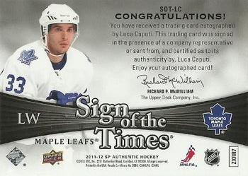 2011-12 SP Authentic - Sign of the Times #SOT-LC Luca Caputi Back