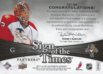 2011-12 SP Authentic - Sign of the Times #SOT-MK Jacob Markstrom Back