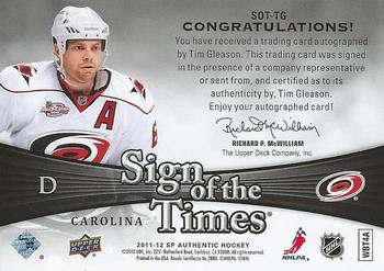 2011-12 SP Authentic - Sign of the Times #SOT-TG Tim Gleason Back